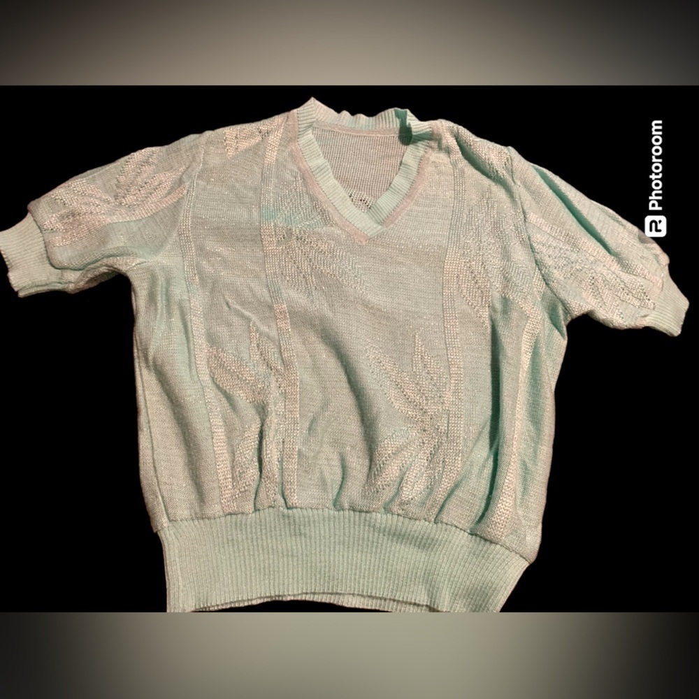 Vintage 80s mint green and silver threading open knit sweater Medium V-Neck